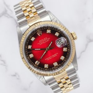 Mens Rolex Datejust 16233 with Red Vignette Diamond Dial - Box & Papers.