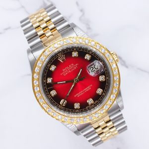 Gents Steel & Yellow Gold Rolex Datejust 36mm 16233 Red Vignette Dial Box / Paper
