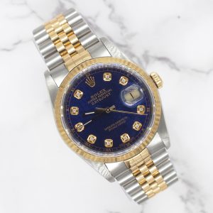 Rolex Datejust 36mm, Steel & Gold, 16233, Submariner Blue Dial, Box & Papers