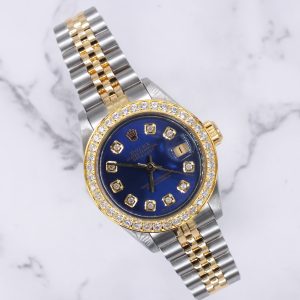 Rolex Ladies Datejust 26mm with Blue Diamond Dial and Bezel - Box and Papers.