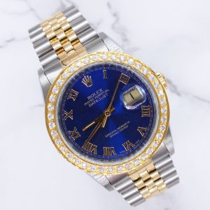 Mens Rolex Datejust 16233 36mm Blue Dial Steel & Gold Jubilee Box & Paper.