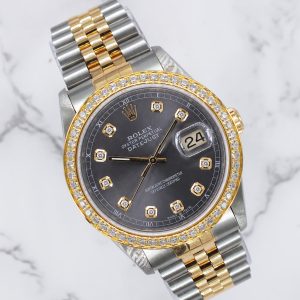 Gents Steel & White Gold Rolex Datejust 36mm 1623 Slate Grey Diamond Dial - Papers
