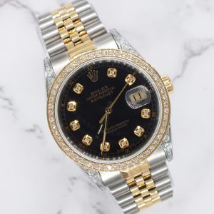 Mens Rolex Datejust 36mm Black Dial, Bezel & Shoulders Jubilee, Boxed