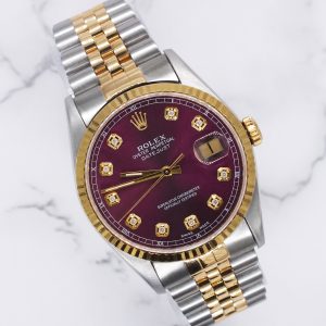 Mens Rolex Datejust 16233 Steel & Gold with Purple Diamond Dial, Box & Papers