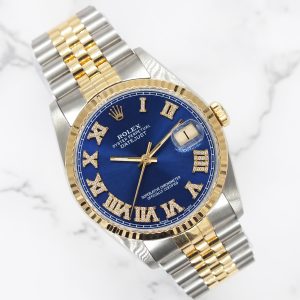 Gents Steel & Gold Rolex Datejust with Blue Diamond Roman Numeral Dial - Box and Papers.