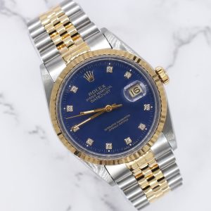 Beautiful Gents Steel & Gold Rolex Datejust 16233 with Factory Blue Diamond Dial Box and Papers.