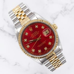 Rolex Datejust 36mm in Steel and Gold with Cherry Red Diamond Dial. Box & Paper