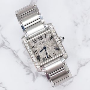 Mid Size Cartier Tank Francaise 2465 with Pave Dial and VVS Diamond Bezel.