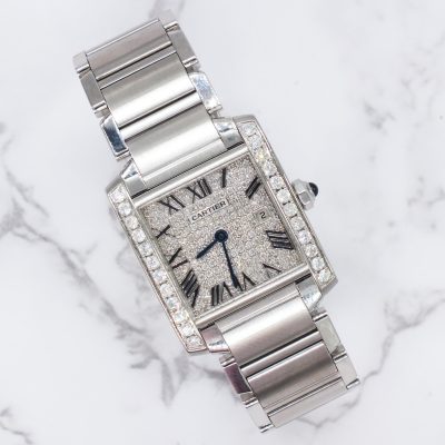 Mid Size Cartier Tank Francaise 2465 with Pave Dial and VVS Diamond Bezel.