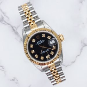 Ladies Steel & Gold Rolex Datejust 26mm Black Diamond Dial with Box & Papers
