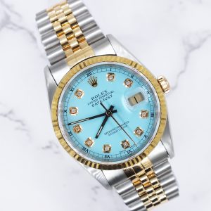 Gents Steel & Gold Rolex Datejust Tiffany Blue Diamond Dial with Box & Papers.