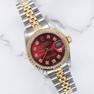 Ladies Steel & Gold Rolex Datejust 26mm 69173 'Cherry Red' Diamond Dial.
