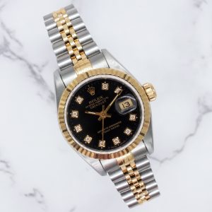 Ladies Steel & Gold Rolex Datejust 26mm 69173 Factory Black Dial - Box & Paper